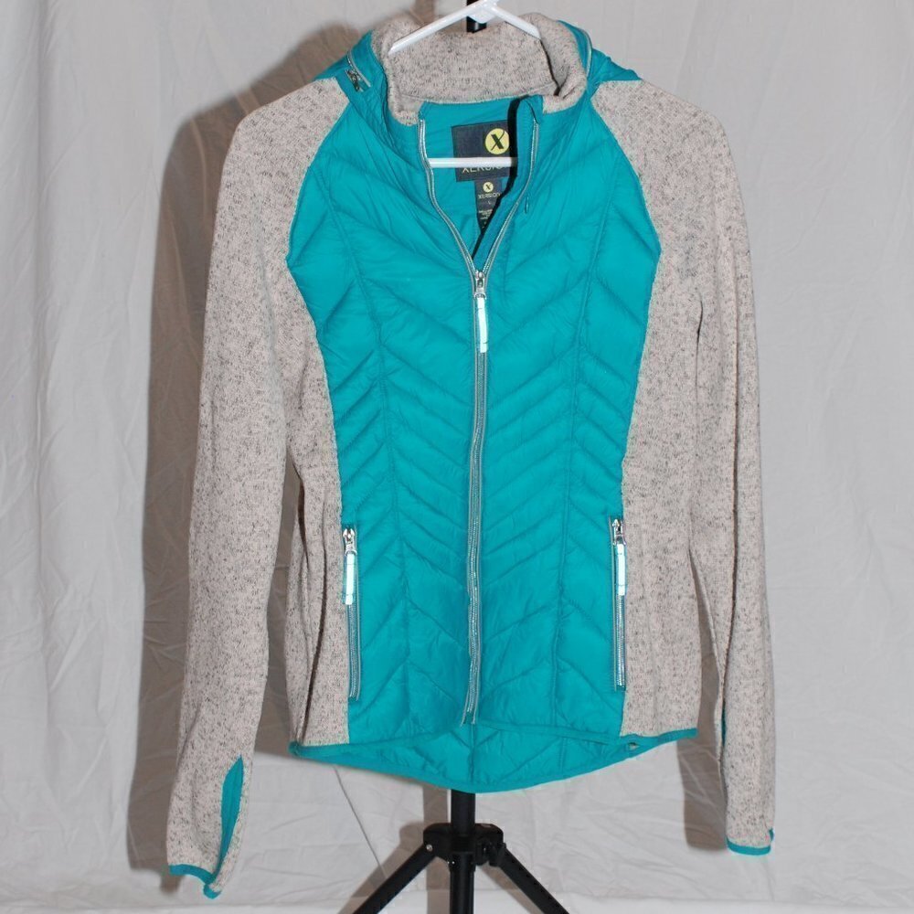 Xersion Womens Large Fleece Jacket Hidden Hood Thumb holes Sporty Coat Full Zip